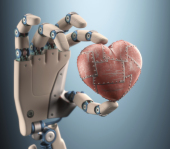 Robotic hand holding heart, illustration